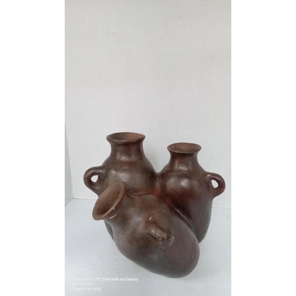 Rustic Brown Clay Pottery Vase Set of 3 Handled Decorative Jugs‎ Vessels
